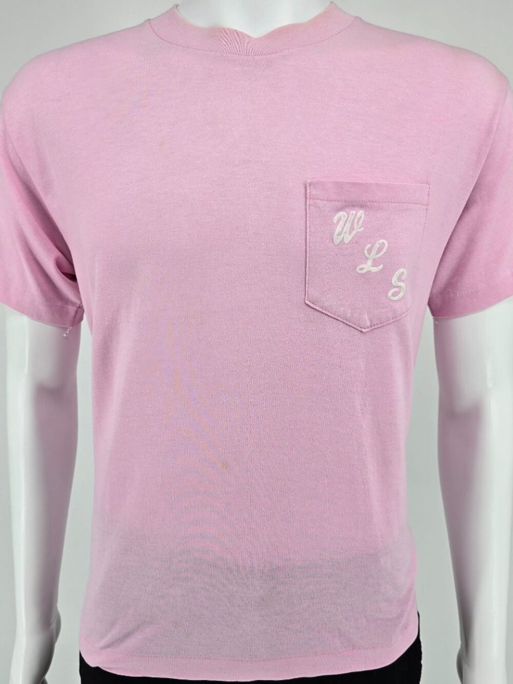 Vintage 1980s Heft-T by Tee Jays "WLS" Flocked Letter Pink Pocket T-Shirt (M/L)
